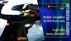 Person with VR goggles and mixed background with information about the event