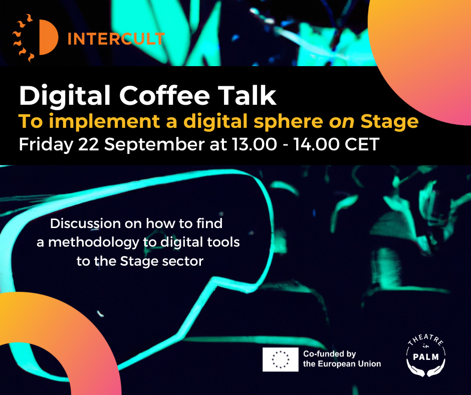 A dark background with mint green objects and textual information about the digital coffee talk event