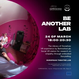 A pink-black background with a photo of people sitting on a sofa, includes text about the event