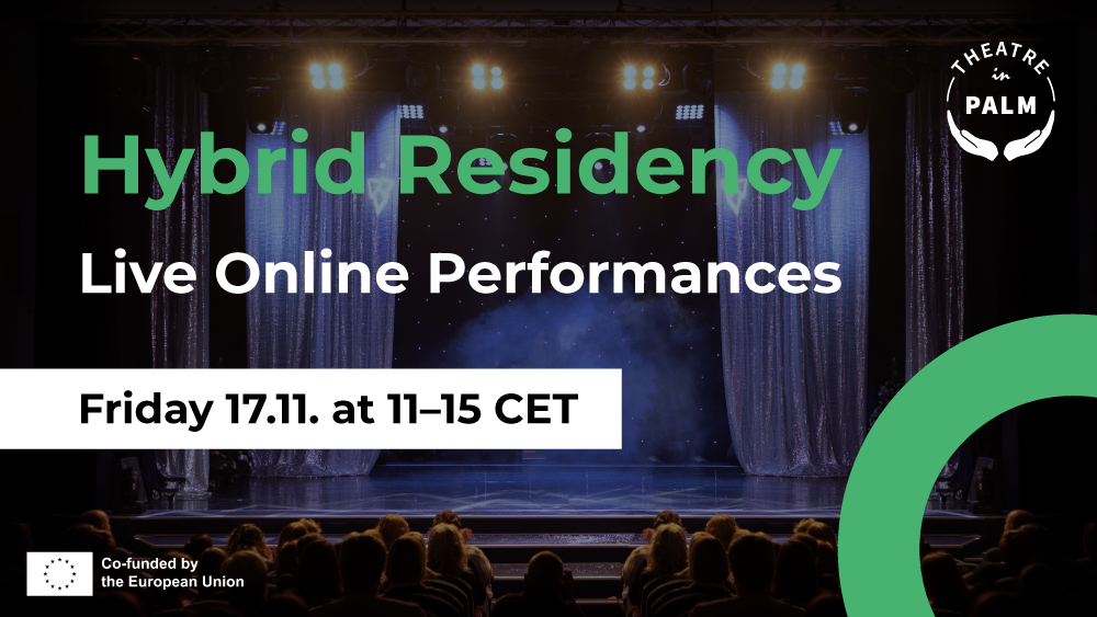 Hybrid residency ad including the event information, background a theatre stage.