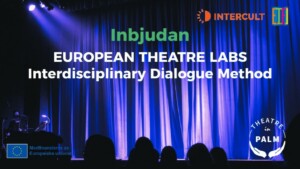 Theatre stage in violet spot light, including text explaining the event