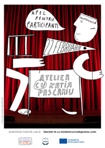 Red theatre curtain in the background, white text boxes on the front including foreign language.